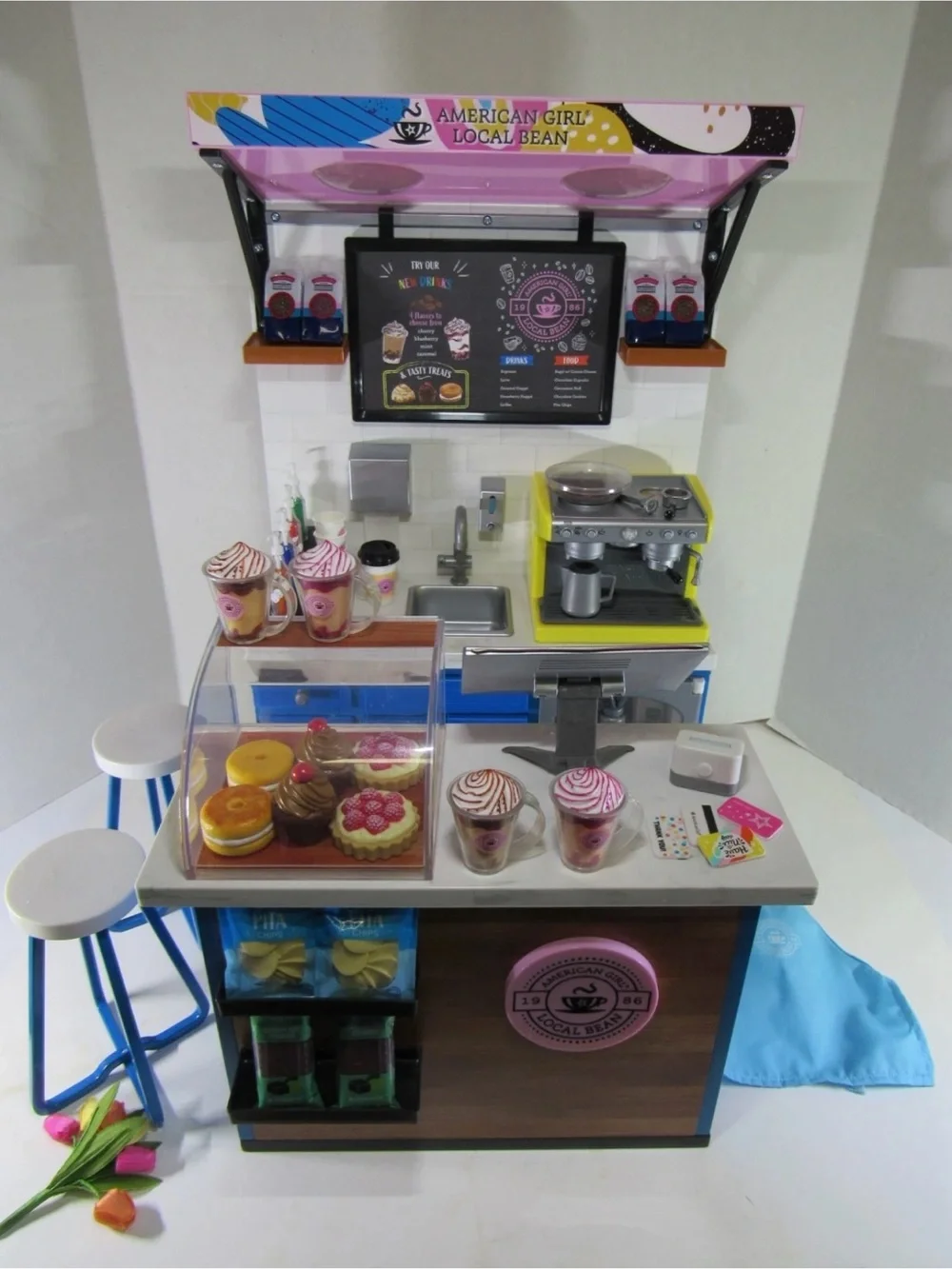American Girl Local Bean Coffee Shop Play Counter with Yellow Espresso Machine